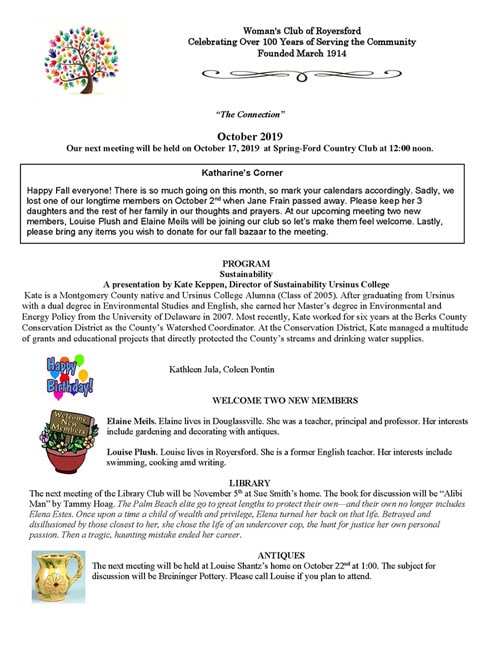 Woman's Center of Royersford October Newsletter 2019 Woman's Center of Royersford October Newsletter 2019